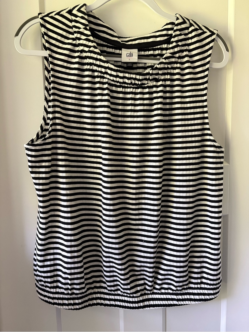 CAbi Black and White Striped Sleeveless Blouse